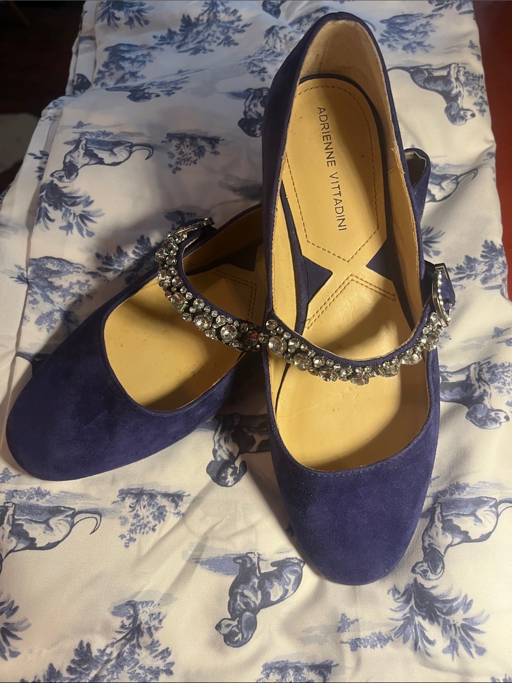 Adrienne Vittadini Blue Suede Mary Jane’s with Crystal-Embellished Strap size 7